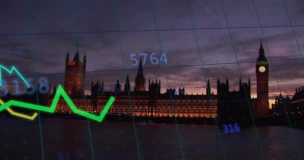 Animacja Przetwarzania Danych Finansowych Pomocą Linii Londyńskim Obszarze Miejskim Globalny — Wideo stockowe