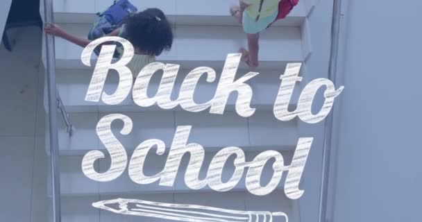 Animatie Van Terug Naar School Tekst Gelukkige Diverse Schoolkinderen School — Stockvideo