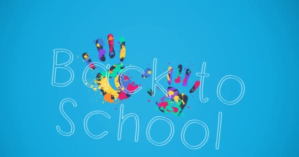 Animatie Van Terug Naar School Tekst Kleurrijke Handafdrukken Blauwe Achtergrond — Stockvideo