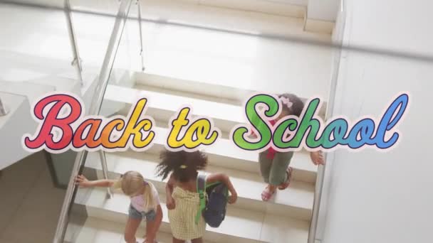 Animación Del Texto Regreso Escuela Sobre Niños Felices Diversos Escuela — Vídeos de Stock