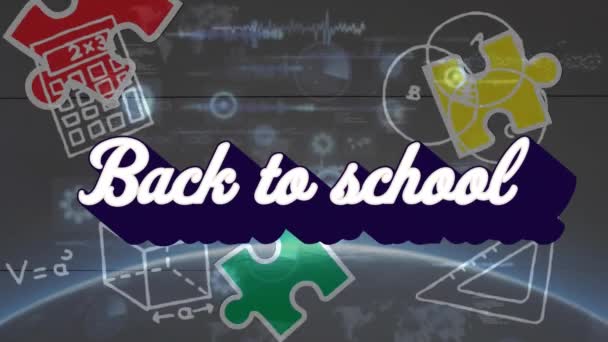 Анімація Повернення Шкільного Тексту Над Шкільними Іконками Головоломками Освіта Навчання — стокове відео
