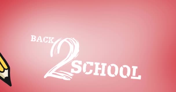 ピンクの背景に鉛筆アイコン上の学校のテキストに戻るのアニメーション 学校のコンセプトデジタルで生成されたビデオ — ストック動画