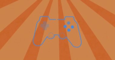 Mavi oyun konsolunun turuncu arka planda güneş patlaması üzerindeki animasyonu. Dijital olarak üretilen hologram, illüstrasyon, güneş ışınları, güneş ışığı, video oyunu, atari ve teknoloji konsepti.