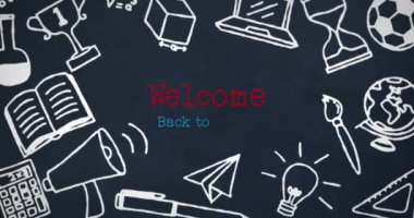 Okul eşyalarının ikonları üzerinden okula hoş geldin mesajı animasyonu. Küresel eğitim ve dijital arayüz kavramı dijital olarak oluşturulmuş video.