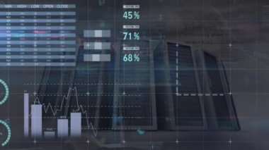 Bilgisayar sunucuları üzerinden istatistik ve finansal veri işleme animasyonu. Küresel iş, finans, hesaplama ve veri işleme kavramı dijital olarak oluşturulmuş video.