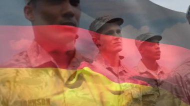 Çeşitli askerler üzerinde Alman bayrağının animasyonu. Ulusal vatanseverlik, silahlı kuvvetler ve savunma konsepti dijital olarak oluşturulmuş video.