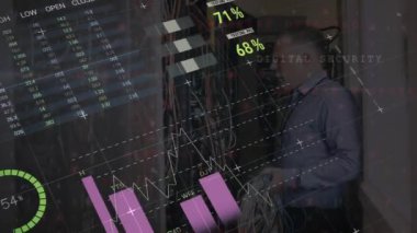 Bilgisayar sunucuları üzerinden istatistik ve finansal veri işleme animasyonu. Küresel iş, finans, hesaplama ve veri işleme kavramı dijital olarak oluşturulmuş video.