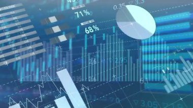 Şebeke ve şehir haritası üzerinde istatistik ve finansal veri işleme animasyonları. Küresel iş, finans, hesaplama ve veri işleme kavramı dijital olarak oluşturulmuş video.