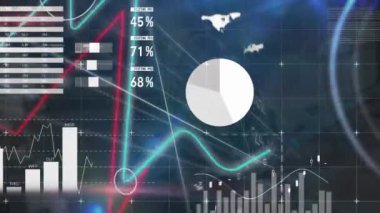 Animation of statistics and financial data processing over grid. Global business, finances, computing and data processing concept digitally generated video.