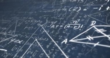 Mavi arkaplan üzerinde matematiksel veri işleme animasyonu. Küresel bilim, bilgisayar ve veri işleme kavramı dijital olarak oluşturulmuş video.