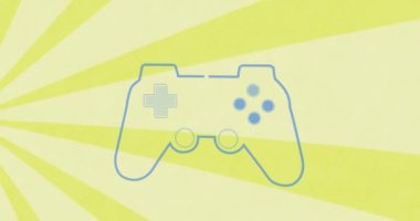 Sarı arka planda mavi oyun konsolunun güneş patlaması üzerindeki animasyonu. Dijital olarak oluşturulmuş, hologram, illüstrasyon, güneş ışığı, tasarım, video oyunu, atari ve teknoloji kavramı.