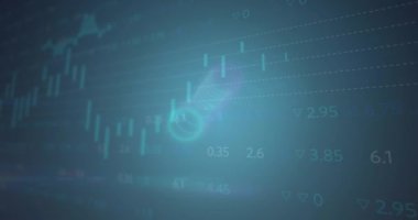 Birden fazla grafik üzerinde dairelerin animasyonu ve mavi arka planla ticaret tahtası. Dijital olarak üretilen hologram, illüstrasyon, rapor, ilerleme, iş dünyası, soyut ve borsa kavramı.