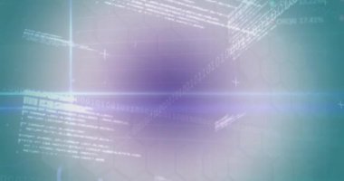 Arka planda ikili kodlar, grafikler ve altıgen modeline karşı ticaret panosu animasyonu. Dijital olarak üretilmiş, hologram, illüstrasyon, rapor, iş dünyası, borsa, kodlama ve teknoloji kavramı.