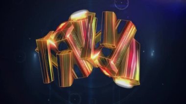 Parlayan altın bloklar üzerindeki bağlantı ağının animasyonu. Dijital olarak oluşturulmuş küresel bağlantılar, hesaplama ve veri işleme kavramı.