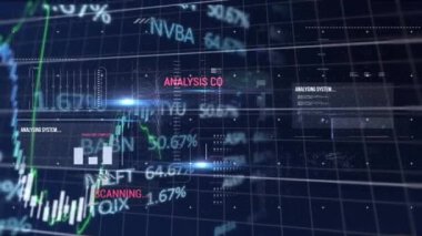 Animation of statistics and financial data processing over grid. Global business, finances, computing and data processing concept digitally generated video.