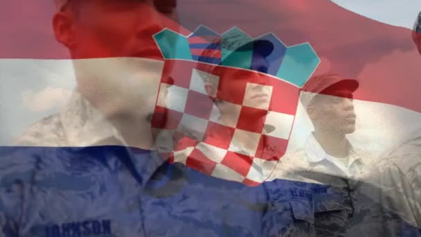Animação Bandeira Croácia Sobre Diversos Soldados Patriotismo Nacional Forças Armadas — Vídeo de Stock
