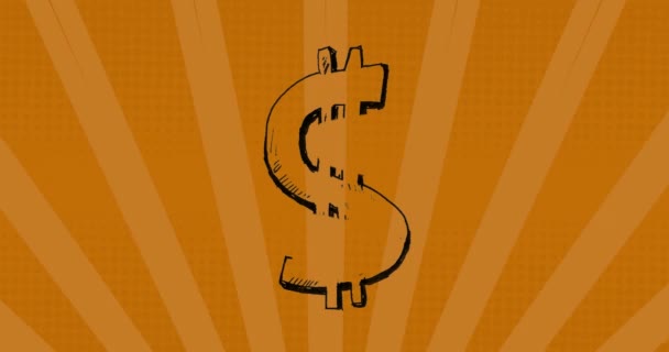 Animação Símbolos Dólar Sobre Sunburst Contra Fundo Laranja Gerado Digitalmente — Vídeo de Stock