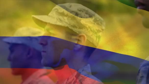 Çeşitli Askerler Üzerinde Kolombiya Bayrağının Canlandırılması Ulusal Vatanseverlik Silahlı Kuvvetler — Stok video