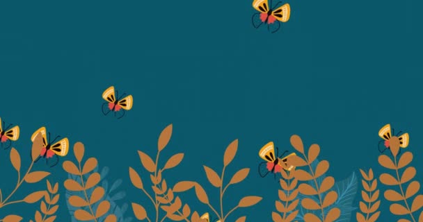 Animering Fjärilar Och Höstlöv Blå Bakgrund Höst Höst Mönster Och — Stockvideo