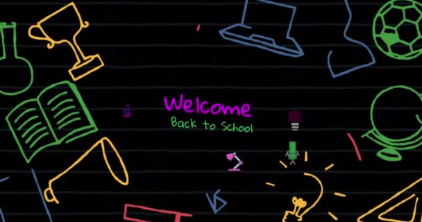 Animación Bienvenida Nuevo Bandera Texto Escuela Los Iconos Concepto Escuela — Vídeos de Stock