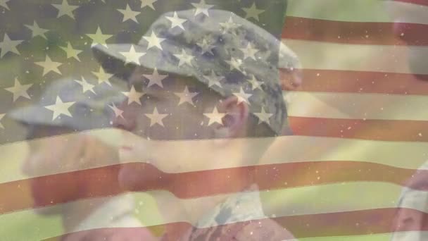 Animation Drapeau Amérique Pendant Hiver Tombent Contre Gros Plan Soldat — Video