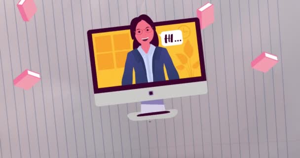 학교로 돌아가는 애니메이션 선생님 배경의 분홍색 아이콘 과배움의 개념은 디지털로 — 비디오