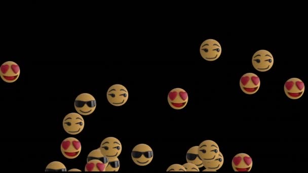 Animatie Van Social Media Emoji Zonnebrillen Hartjes Pictogrammen Zwarte Achtergrond — Stockvideo