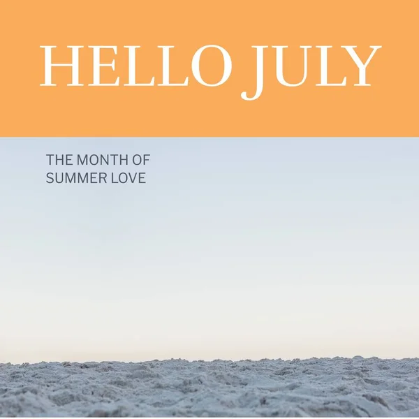 Composition Hello July Text Beach Sand Blue Sky Summer Summer — Stock Photo, Image