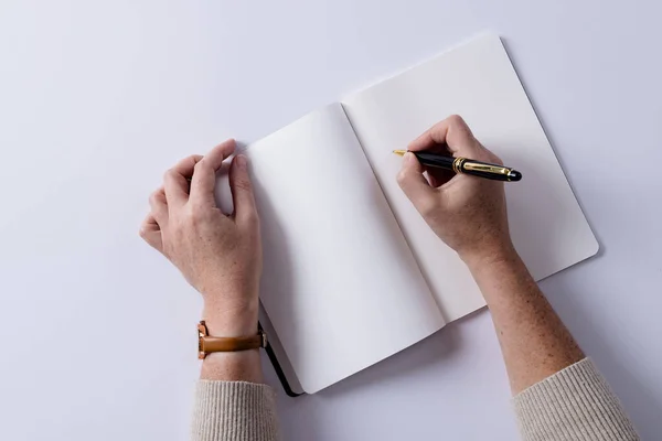 Hands Caucasian Woman Holding Pen Writing Notebook Copy Space White — Stock Photo, Image