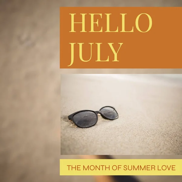 Composition Hello July Text Sunglasses Beach Sand Summer Summer Seaside — Stock Photo, Image