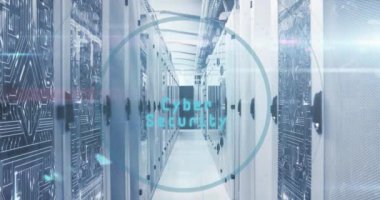 Siber güvenlik metninin animasyonu, güvenlik kilidi, sunucu odasına karşı mikro işlemci bağlantıları. Siber güvenlik ve iş veri depolama teknolojisi kavramı