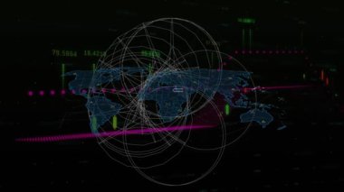 Grafiklerin animasyonu 3D kapsam üzerinde bir veri işleme ve siyah arkaplan üzerinde dünya haritası. Küresel iş, ağ ve veri teknolojisi konsepti dijital olarak oluşturulmuş video.