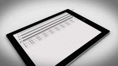 Beyaz arka planda tablet üzerinde finansal veri işleme animasyonu. Küresel iş, finans, hesaplama ve veri işleme kavramı dijital olarak oluşturulmuş video.