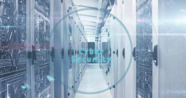 Siber güvenlik metninin animasyonu, retina tarayıcısı, sunucu odasına karşı mikro işlemci bağlantıları. Siber güvenlik ve iş veri depolama teknolojisi kavramı