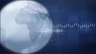 Mavi arka planda dönen dünya üzerinde ışık noktası ve veri işleme animasyonu. Küresel ağ ve iş veri teknolojisi kavramı