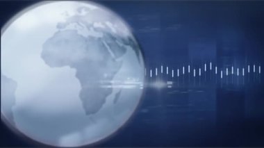 Mavi arka planda dönen dünya üzerinde ışık noktası ve veri işleme animasyonu. Küresel ağ ve iş veri teknolojisi kavramı