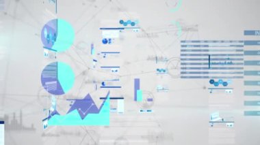 Gri arkaplan üzerinde bağlantı ağının animasyonu ve istatistiksel veri işleme. Küresel ağ ve iş veri teknolojisi kavramı