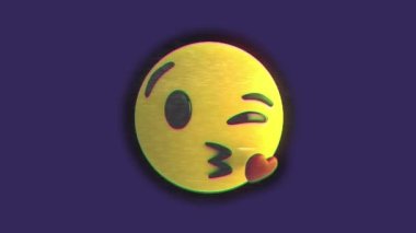 Gülümseyen emoji ikonunun mor arka planda öpücük gönderme animasyonu. Dijital olarak oluşturulmuş küresel sosyal medya, hesaplama ve veri işleme kavramı.