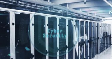 Sunucu odasına karşı siber güvenlik mesaj pankartı ve pleksus ağlarının animasyonu. Siber güvenlik ve iş veri depolama teknolojisi kavramı