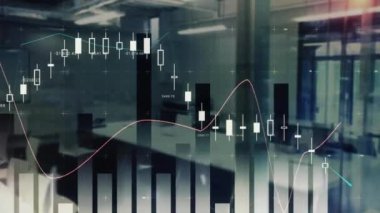 Animation of statistical data processing against empty office. Computer interface and business data technology concept