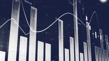 Mavi arkaplana karşı istatistiksel veri işleme ve matematiksel denklemlerin animasyonu. Bilgisayar arayüzü ve iş veri teknolojisi kavramı