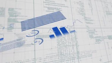 Gri arkaplan üzerinden istatistiksel veri işleme animasyonu. Bilgisayar arayüzü ve iş veri teknolojisi kavramı
