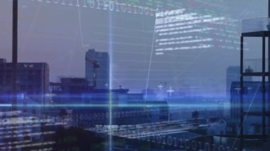 Animation of statistical and stock market data processing against tall buildings. Global economy and business data technology concept
