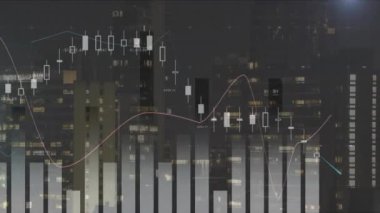 Gece yüksek binaların görüntüsüyle istatistiksel veri işleme animasyonu. Bilgisayar arayüzü ve iş veri teknolojisi kavramı