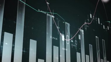Siyah arka planda istatistiksel veri işleme animasyonu. Bilgisayar arayüzü ve iş veri teknolojisi kavramı