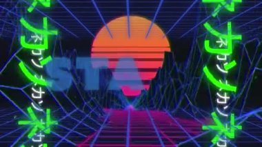 Başlangıç metninin ve Japon dilinin animasyonu 3D dağların üzerinde ve siyah arkaplanda güneş. Dijital olarak oluşturulmuş, hologram, illüstrasyon, manzara, video oyunu, ızgara, atari ve teknoloji.