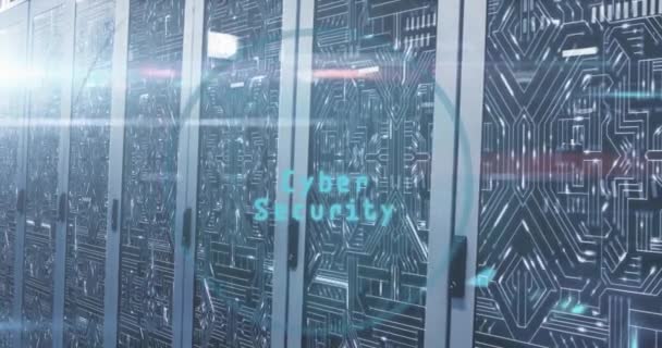 Animering Cybersäkerhetstext Ögonnäthinneskanner Mikroprocessoranslutningar Mot Serverrum Koncept För Cybersäkerhet Och — Stockvideo