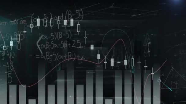 数学方程式の画面に対する統計データ処理のアニメーション コンピュータインターフェイスとビジネスデータテクノロジーの概念 — ストック動画