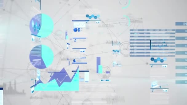 灰色の背景に対する接続と統計データ処理のネットワークのアニメーション グローバルネットワークとビジネスデータテクノロジーの概念 — ストック動画