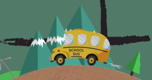 Animação Ícone Ônibus Escolar Fundo Verde Conceito Ciência Aprendizagem Processamento — Vídeo de Stock